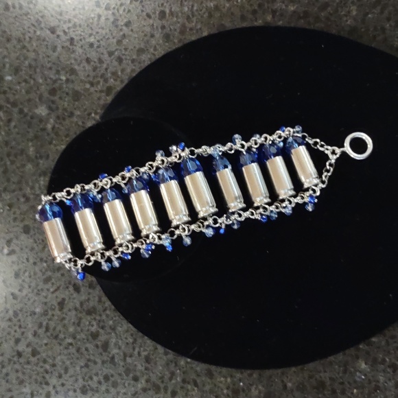 Handmade Bullet Shell Casing Bracelet With Blue Swarovski Crystals - Picture 14 of 15